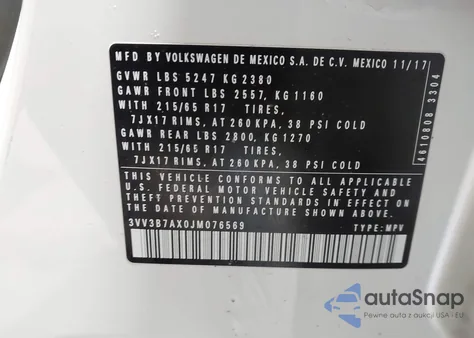 2018 Volkswagen Tiguan 2.0T Se/2.0T Sel из США, поврежденный, VIN 3VV3B7AX0JM076569